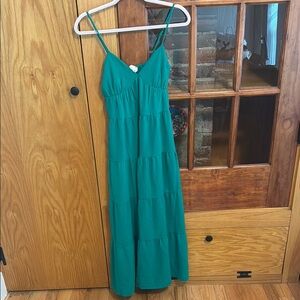 Ruched Blue and Green Maxi Sundress with Spaghetti Straps